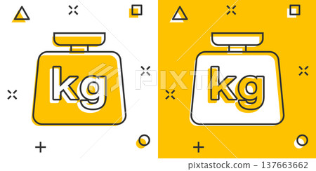 Scale icon in comic style. Kilogram dumbbell cartoon vector illustration on white isolated background. Gym splash effect business concept. Scale icon in comic style. Kilogram dumbbell cartoon vector illustration on white isolated background. Gym splash effect business concept. 137663662