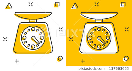 Scale icon in comic style. Kilogram dumbbell cartoon vector illustration on white isolated background. Gym splash effect business concept. Scale icon in comic style. Kilogram dumbbell cartoon vector illustration on white isolated background. Gym splash effect business concept. 137663663