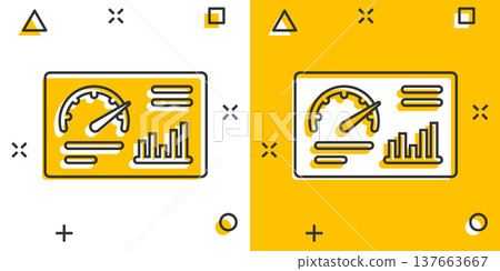Dashboard icon in comic style. Finance analyzer cartoon vector illustration on white isolated background. Performance algorithm splash effect business concept. Dashboard icon in comic style. Finance analyzer cartoon vector illustration on white isolated background. Performance algorithm splash effect business concept. 137663667