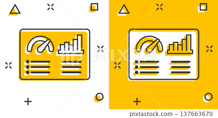 Dashboard icon in comic style. Finance analyzer cartoon vector illustration on white isolated background. Performance algorithm splash effect business concept. 137663670