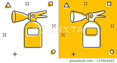 Extinguisher icon in comic style. Fire protection cartoon vector illustration on white isolated background. Emergency splash effect business concept. Extinguisher icon in comic style. Fire protection cartoon vector illustration on white isolated background. Emergency splash effect business concept. 137663685