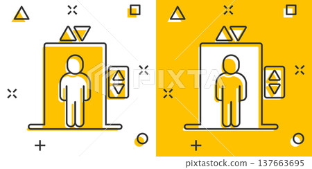 Elevator icon in comic style. Lift cartoon vector illustration on white isolated background. Passenger transportation splash effect business concept. 137663695