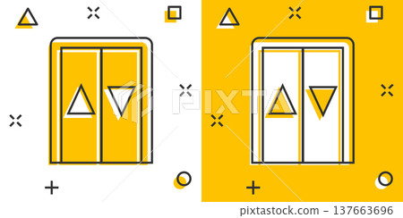 Elevator icon in comic style. Lift cartoon vector illustration on white isolated background. Passenger transportation splash effect business concept. 137663696
