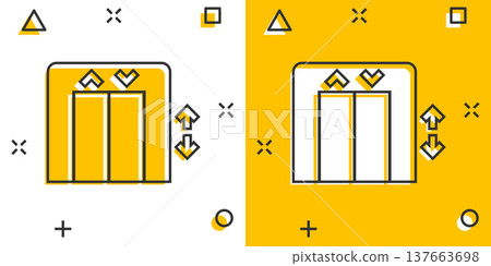 Elevator icon in comic style. Lift cartoon vector illustration on white isolated background. Passenger transportation splash effect business concept. 137663698