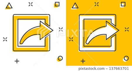 Share button icon in comic style. Arrow cartoon sign vector illustration on white isolated background. Send file splash effect business concept. Share button icon in comic style. Arrow cartoon sign vector illustration on white isolated background. Send file splash effect business concept. 137663701