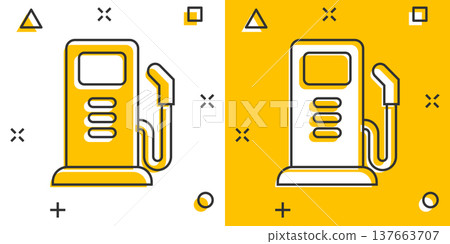 Fuel pump icon in comic style. Gas station cartoon sign vector illustration on white isolated background. Petrol splash effect business concept. 137663707
