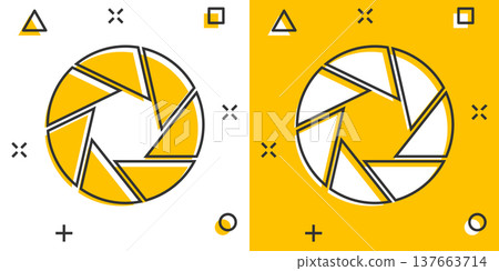 Camera diaphragm icon in comic style. Lens cartoon sign vector illustration on white isolated background. Photo snapshot splash effect business concept. Camera diaphragm icon in comic style. Lens cartoon sign vector illustration on white isolated background. Photo snapshot splash effect business concept. 137663714