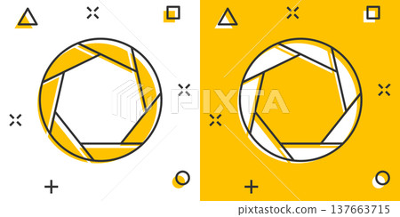 Camera diaphragm icon in comic style. Lens cartoon sign vector illustration on white isolated background. Photo snapshot splash effect business concept. 137663715