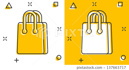 Shopping bag icon in comic style. Handbag cartoon sign vector illustration on white isolated background. Package splash effect business concept. Shopping bag icon in comic style. Handbag cartoon sign vector illustration on white isolated background. Package splash effect business concept. 137663717