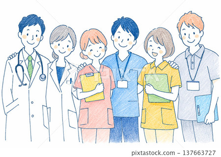 一幅簡單的插圖，描繪了一支醫療團隊（醫生、護士和工作人員）微笑著一起工作的場景。 137663727