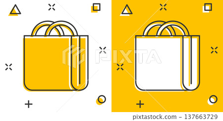 Shopping bag icon in comic style. Handbag cartoon sign vector illustration on white isolated background. Package splash effect business concept. Shopping bag icon in comic style. Handbag cartoon sign vector illustration on white isolated background. Package splash effect business concept. 137663729