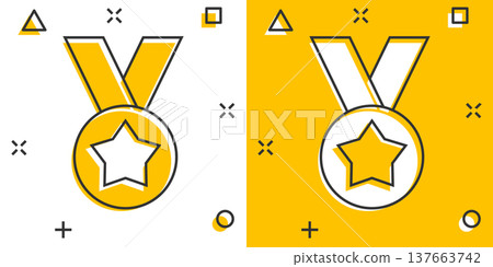 Medal icon in comic style. Prize cartoon sign vector illustration on white isolated background. Trophy award splash effect business concept. Medal icon in comic style. Prize cartoon sign vector illustration on white isolated background. Trophy award splash effect business concept. 137663742