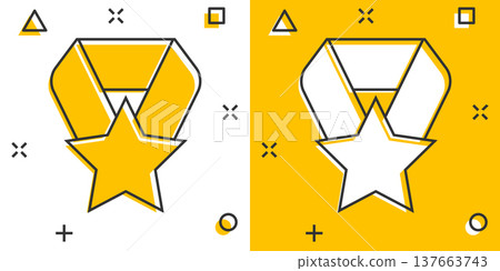 Medal icon in comic style. Prize cartoon sign vector illustration on white isolated background. Trophy award splash effect business concept. Medal icon in comic style. Prize cartoon sign vector illustration on white isolated background. Trophy award splash effect business concept. 137663743