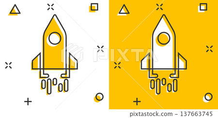 Rocket icon in comic style. Spaceship launch cartoon vector illustration on white isolated background. Sputnik splash effect business concept. Rocket icon in comic style. Spaceship launch cartoon vector illustration on white isolated background. Sputnik splash effect business concept. 137663745