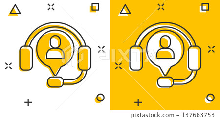 Helpdesk icon in comic style. Headphone cartoon vector illustration on white isolated background. Chat operator splash effect business concept. 137663753