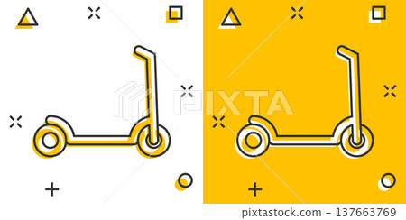 Electric scooter icon in comic style. Bike cartoon vector illustration on white isolated background. Transport splash effect business concept. Electric scooter icon in comic style. Bike cartoon vector illustration on white isolated background. Transport splash effect business concept. 137663769