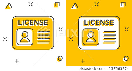 Driver license icon in comic style. Id card cartoon vector illustration on white isolated background. Identity splash effect business concept. Driver license icon in comic style. Id card cartoon vector illustration on white isolated background. Identity splash effect business concept. 137663774