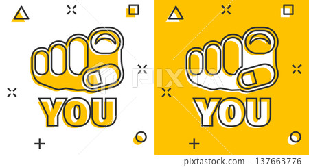 Finger point icon in comic style. Hand gesture cartoon vector illustration on white isolated background. You forward splash effect business concept. 137663776