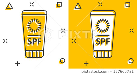 Sun protection icon in comic style. Sunblock cream cartoon vector illustration on white isolated background. Spf care splash effect business concept. Sun protection icon in comic style. Sunblock cream cartoon vector illustration on white isolated background. Spf care splash effect business concept. 137663781