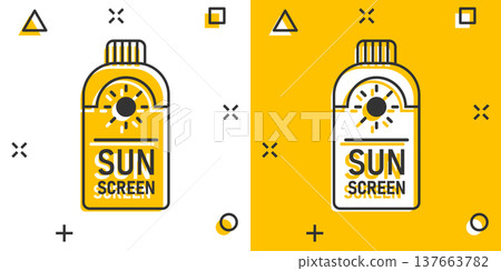 Sun protection icon in comic style. Sunblock cream cartoon vector illustration on white isolated background. Spf care splash effect business concept. Sun protection icon in comic style. Sunblock cream cartoon vector illustration on white isolated background. Spf care splash effect business concept. 137663782