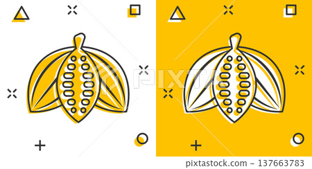 Cocoa bean icon in comic style. Chocolate cream cartoon vector illustration on white isolated background. Nut plant splash effect business concept. Cocoa bean icon in comic style. Chocolate cream cartoon vector illustration on white isolated background. Nut plant splash effect business concept. 137663783
