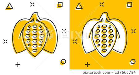 Cocoa bean icon in comic style. Chocolate cream cartoon vector illustration on white isolated background. Nut plant splash effect business concept. 137663784
