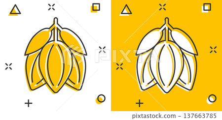 Cocoa bean icon in comic style. Chocolate cream cartoon vector illustration on white isolated background. Nut plant splash effect business concept. 137663785