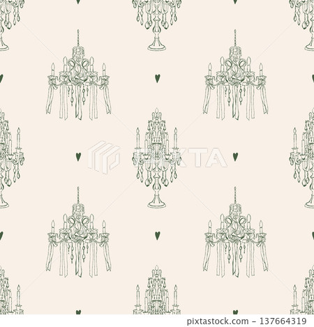 Elegant vintage seamless pattern with hand-drawn candelabras, antique candle-lit chandeliers, and hearts. Green retro illustrations on a beige background. Vector background for holidays, Valentines 137664319