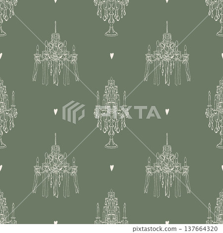 Elegant vintage seamless pattern with hand-drawn candelabras, antique candle-lit chandeliers, and hearts. Beige retro illustrations on a green background. Vector background for holidays, Valentines 137664320
