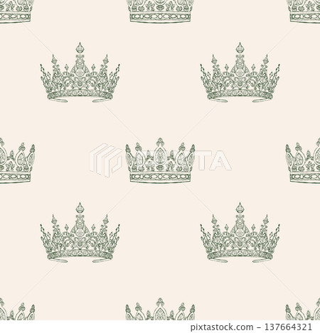 Vintage-style seamless pattern with retro crowns. Vector beige and green background. Outline illustration in Rococo, Baroque, and Victorian styles. Vintage-style seamless pattern with retro crowns. Vector beige and green background. Outline illustration in Rococo, Baroque, and Victorian styles. 137664321