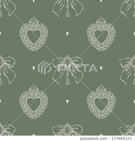 Seamless pattern of sketches of vintage womens jewelry, vector background, paper, and wallpaper. Girly retro accessories in the Rococo style. Brooches, pendants, bows, and pearls. Vector illustration 137664323