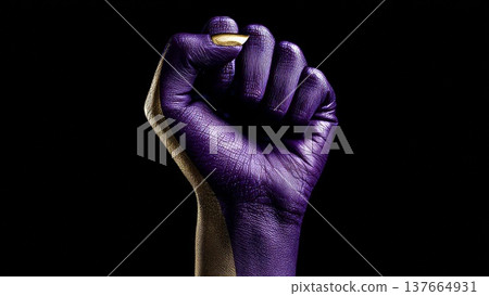 A raised fist painted in purple symbolizes strength and independence, representing feminism and empowerment for women on International Women's Day. 137664931