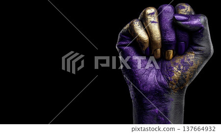 A raised fist painted in purple and gold symbolizes strength and independence. The background is black, emphasizing the powerful message of feminism and empowerment. A raised fist painted in purple and gold symbolizes strength and independence. The background is black, emphasizing the powerful message of feminism and empowerment. 137664932