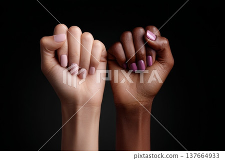 Two raised fists, one light-skinned with nude polish and one dark-skinned with pink polish. Symbolizes strength and unity for International Women's Day. 137664933