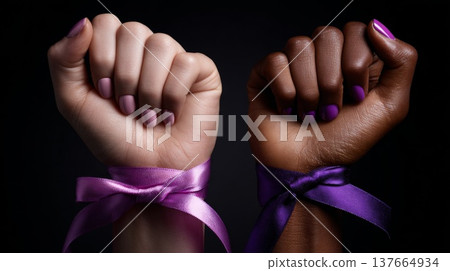 Two raised fists, one light-skinned with a pink ribbon and the other dark-skinned with a purple ribbon. Symbolizes strength and unity for International Women's Day. Two raised fists, one light-skinned with a pink ribbon and the other dark-skinned with a purple ribbon. Symbolizes strength and unity for International Women's Day. 137664934