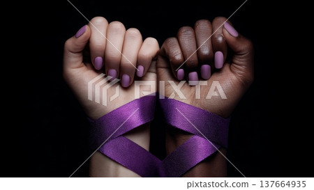 Two hands, one light-skinned with purple nails and one dark-skinned with natural nails, are tied together with a purple ribbon. Symbolizes feminism and unity. Two hands, one light-skinned with purple nails and one dark-skinned with natural nails, are tied together with a purple ribbon. Symbolizes feminism and unity. 137664935