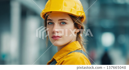A young Caucasian woman with brown hair wears a yellow hard hat and a work jacket. She stands confidently in a construction environment, symbolizing strength and equality. 137665048
