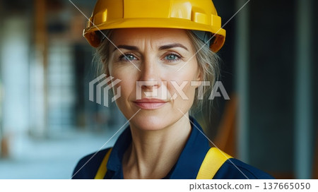 A confident woman wearing a yellow hard hat and blue work uniform stands in a construction site. She represents strength and equality in atypical professions. 137665050