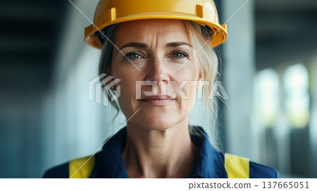 A confident middle-aged Caucasian woman wearing a yellow hard hat and blue work uniform stands in a construction site. She represents strength in atypical female professions. 137665051