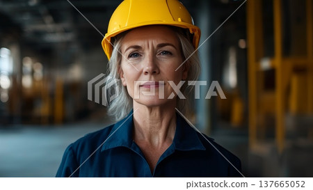 A senior Caucasian woman with gray hair wears a yellow hard hat and blue work uniform. She stands confidently in a construction site, symbolizing strength and equality. 137665052