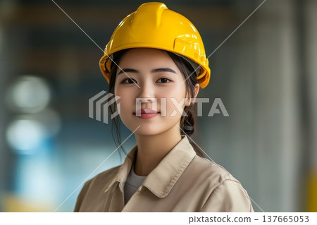 A young Asian woman wearing a yellow hard hat and beige work uniform stands confidently in a construction site. She represents strength in atypical female professions. 137665053