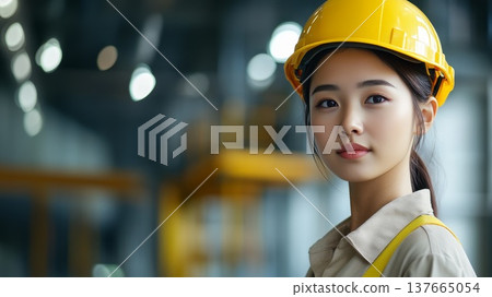 A young Asian woman wearing a yellow hard hat and work uniform stands confidently in a construction site, symbolizing strength and equality in atypical professions. A young Asian woman wearing a yellow hard hat and work uniform stands confidently in a construction site, symbolizing strength and equality in atypical professions. 137665054
