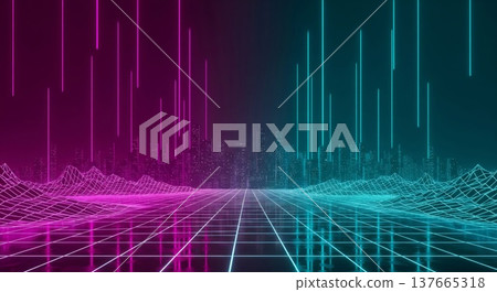 Abstract Digital Landscape With Pink And Blue Neon Lights And 137665318