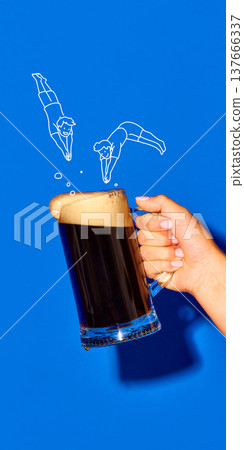 Glass mug of dark beer with playful cartoon divers jumping into foam Glass mug of dark beer with playful cartoon divers jumping into foam 137666337