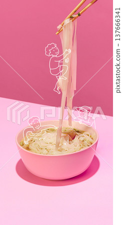 Rice noodles lifted by chopsticks with playful cartoon people climbing. 137666341