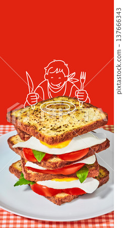 Tall breakfast sandwich with egg tomato and cartoon kid ready to eat. 137666343