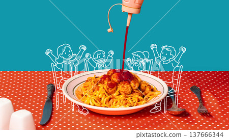 Tomato sauce pouting over spaghetti with meatballs with happy cartoon family around plate 137666344