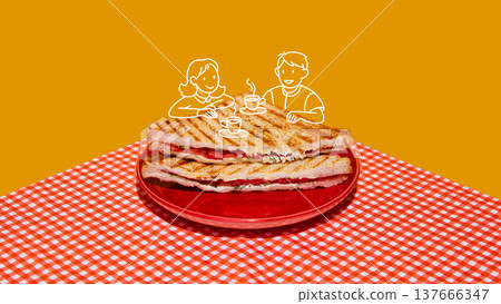 Grilled sandwich with cartoon couple sharing coffee on top of it. Grilled sandwich with cartoon couple sharing coffee on top of it. 137666347