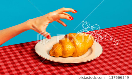 Female hand reaching for croissant on plate with playful cartoon kids pushing it forward 137666349