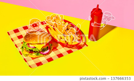 Cheeseburger fries and ketchup with cartoon kids fast food scene Cheeseburger fries and ketchup with cartoon kids fast food scene 137666353